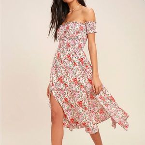 Lulus View from the Meadow Cream Floral Print Off-the-Shoulder Dress